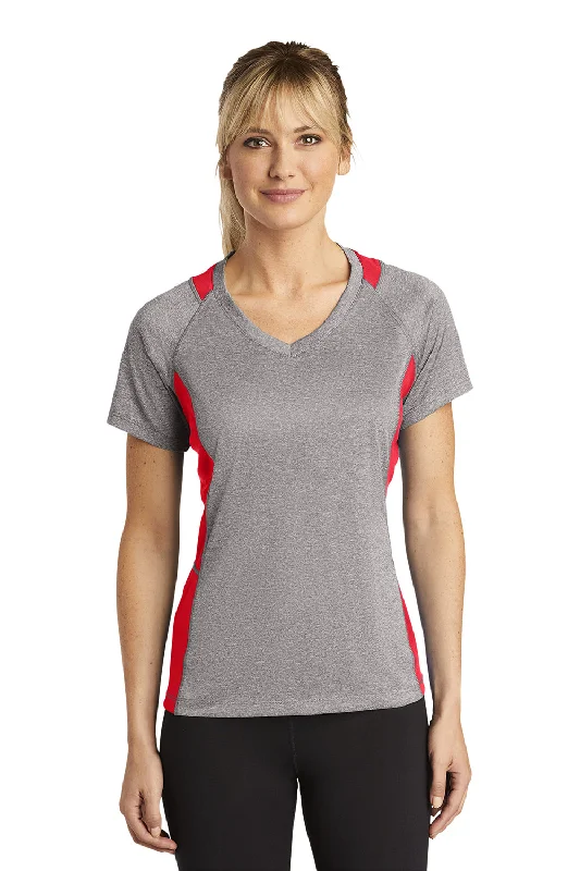 High-End Minimalism Sport-Tek Womens Contender Heather Moisture Wicking Short Sleeve V-Neck T-Shirt - Heather Vintage Grey/True Red - Closeout