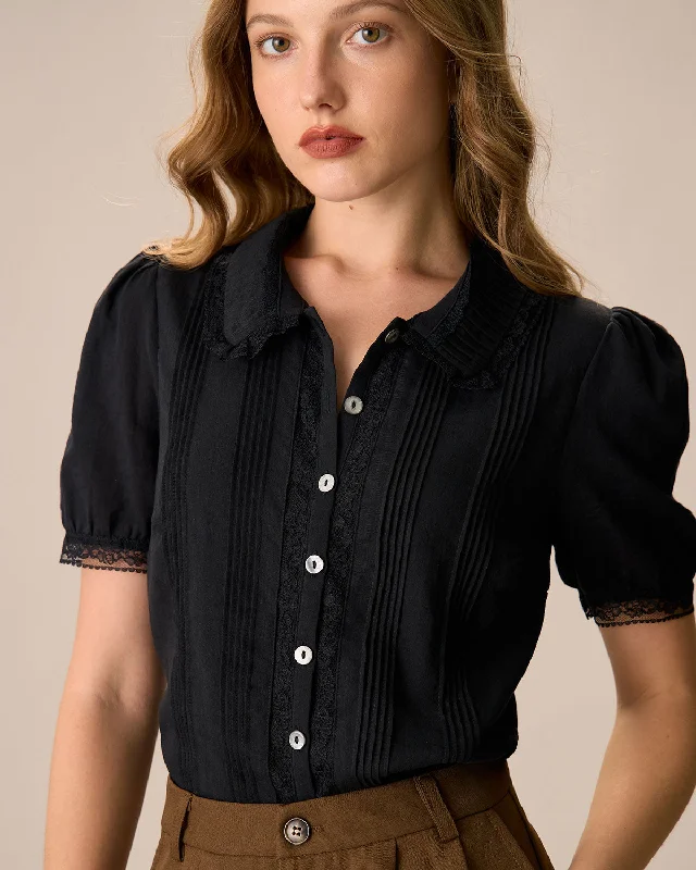 Simplified Chic Women's Black Chelsea Collar Lace Trim Cotton Blouse