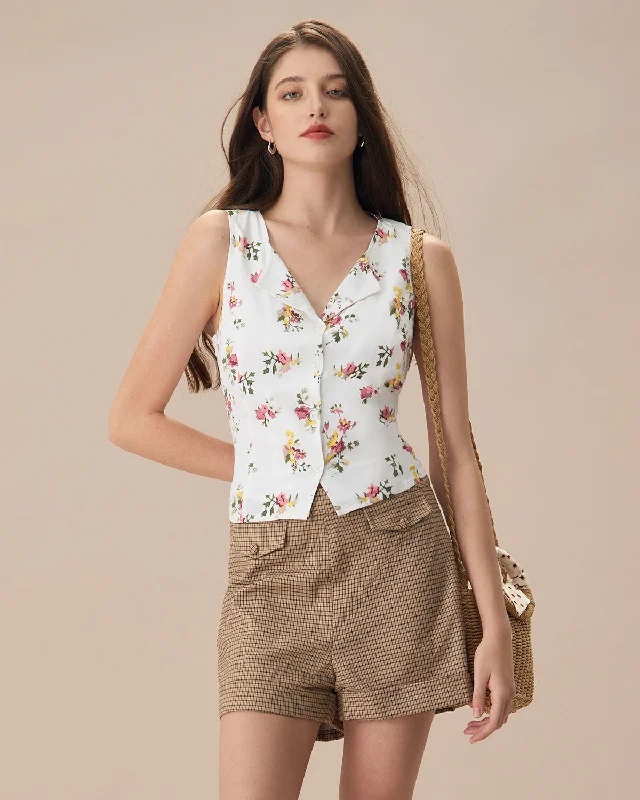 Rugged Minimalism The White V Neck Floral Button Sleeveless Shirt