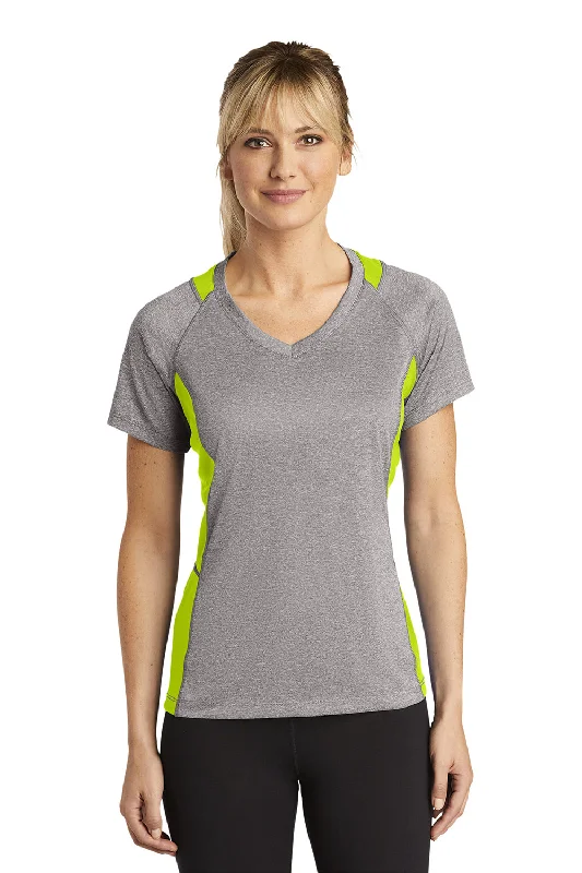 Minimalist Tailoring Sport-Tek Womens Contender Heather Moisture Wicking Short Sleeve V-Neck T-Shirt - Heather Vintage Grey/Lime Shock Green - Closeout