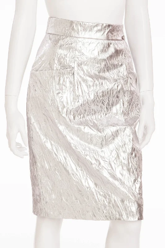High-End Street Chanel - New with Tags Leather Crinkled Silver Pencil Skirt - FR 40