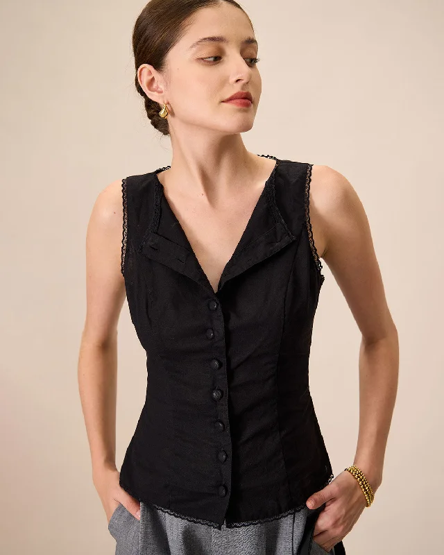 Smart Monochrome Women's Black Boat Neck Cotton Linen Vest