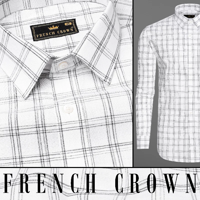 High-End Casual Bright White with Black Plaid Premium Cotton Shirt