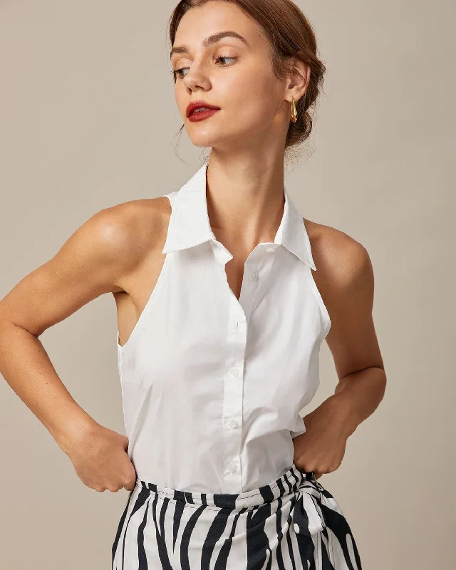 High-End Street The White Collared Button Up Sleeveless Shirt