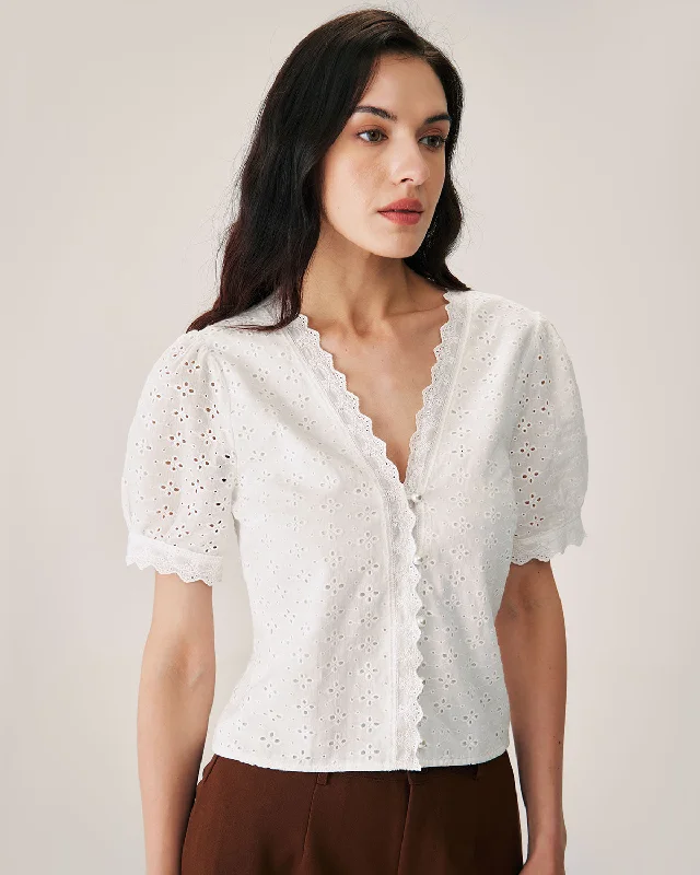 Casual Essentials White Embroidery Puffed Sleeve Blouse