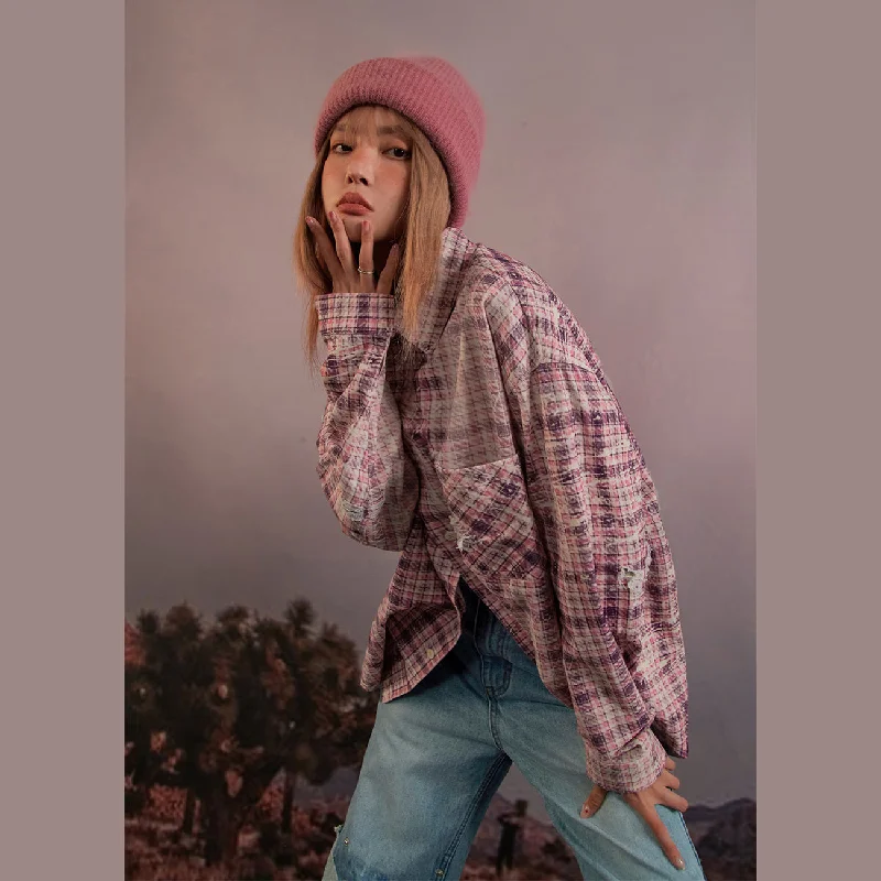 Sporty Outerwear Loose Check Flannel Shirt