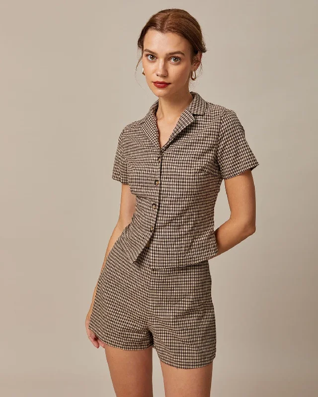 Modern Pastels The Brown Lapel Plaid Short Sleeve Blouse