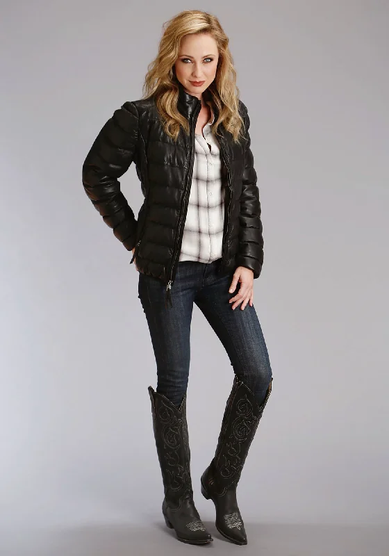Relaxed Monochrome Look Stetson Womens Black Leather Quilted Puffy Jacket