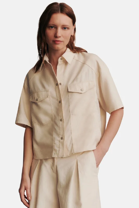 Relaxed Outdoors Western Cotton Linen Short Sleeve Shirt Bone