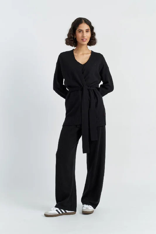 Sporty Outerwear Black Wool-Cashmere Wrap Cardigan