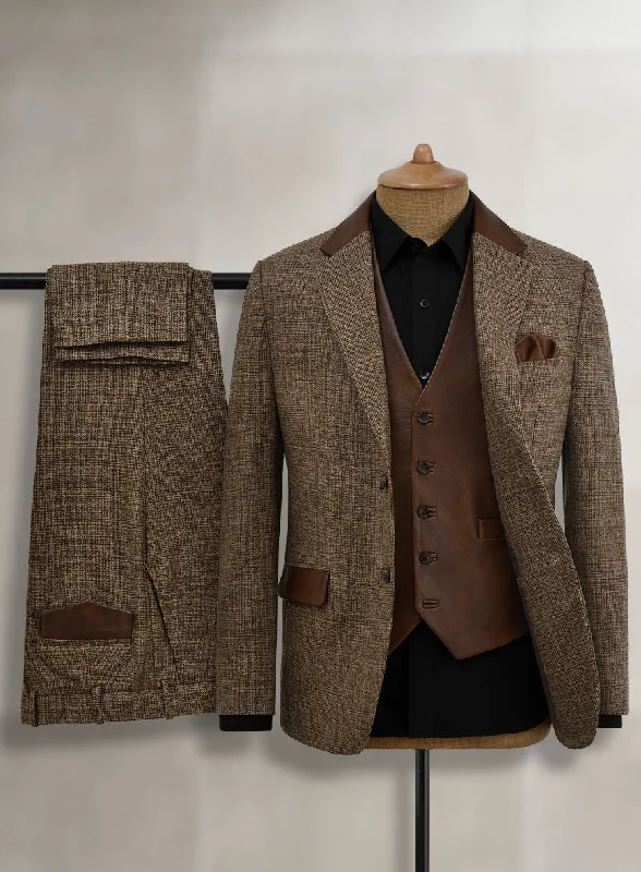 Bold Monochrome Vintage Glasgow Brown Tweed Suit - Leather Trim