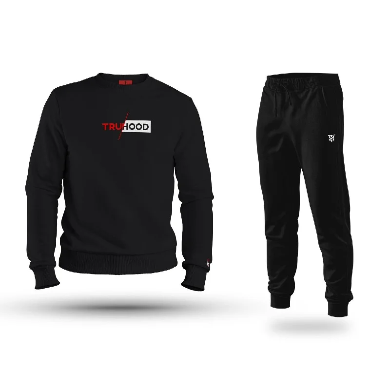 Simplistic Tailoring Premium Men's Black Sweatshirt Tracksuit Set | Crew Neck & Dress Options | OG High Density Print