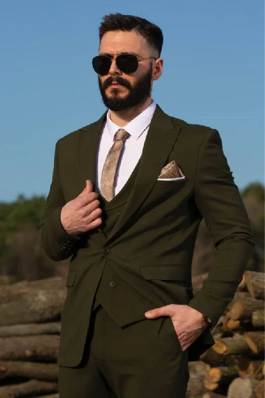 Minimalist Aesthetic Olive green three-piece wedding suit for men