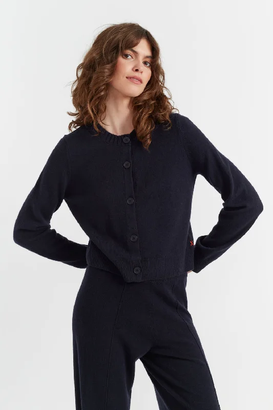 Elevated Fashion Navy Wool-Cashmere Crew Neck Cardigan