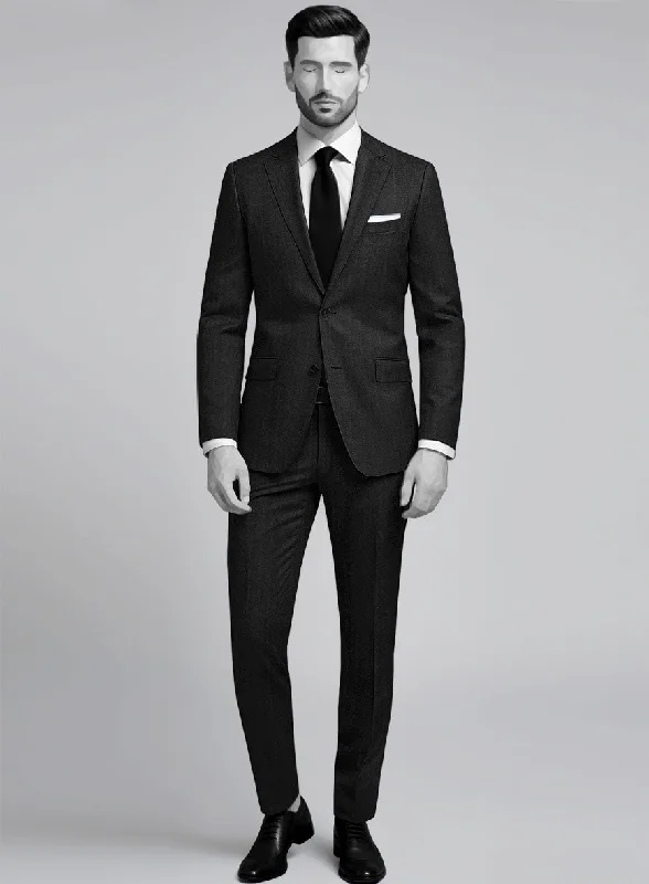 Earthy Minimalism Napolean Curve Black Herringbone Wool Suit