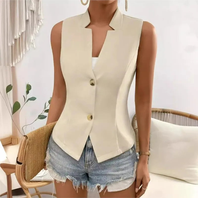 High-End Casual Champagne Single Breasted  V-neck Sleeveless Cardigan Vest