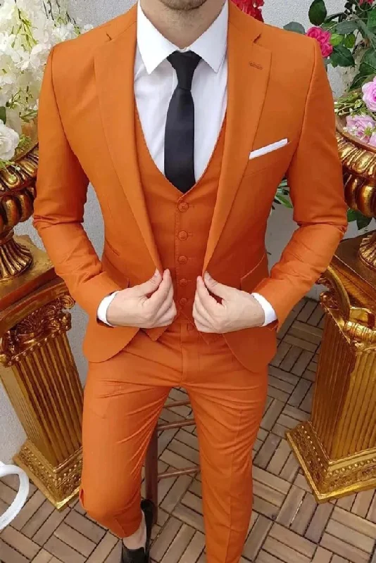 Chic Simplicity Luxury Men Suits Orange 3 Piece Slim Fit Elegant Formal Fashion Suits Groom Wedding Suits Party Wear Suits Stylish Suits Bespoke For Men