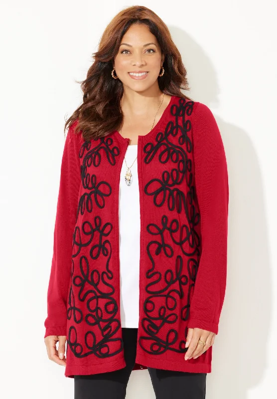 Clean Utility Zip-Front Embroidered Cardigan