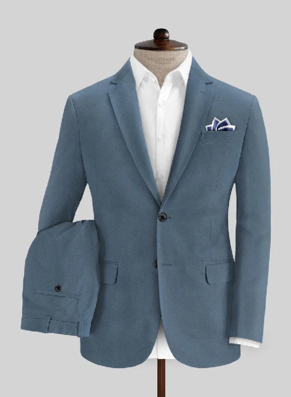 High-End Minimalism Italian Petrol Blue Cotton Stretch Suit