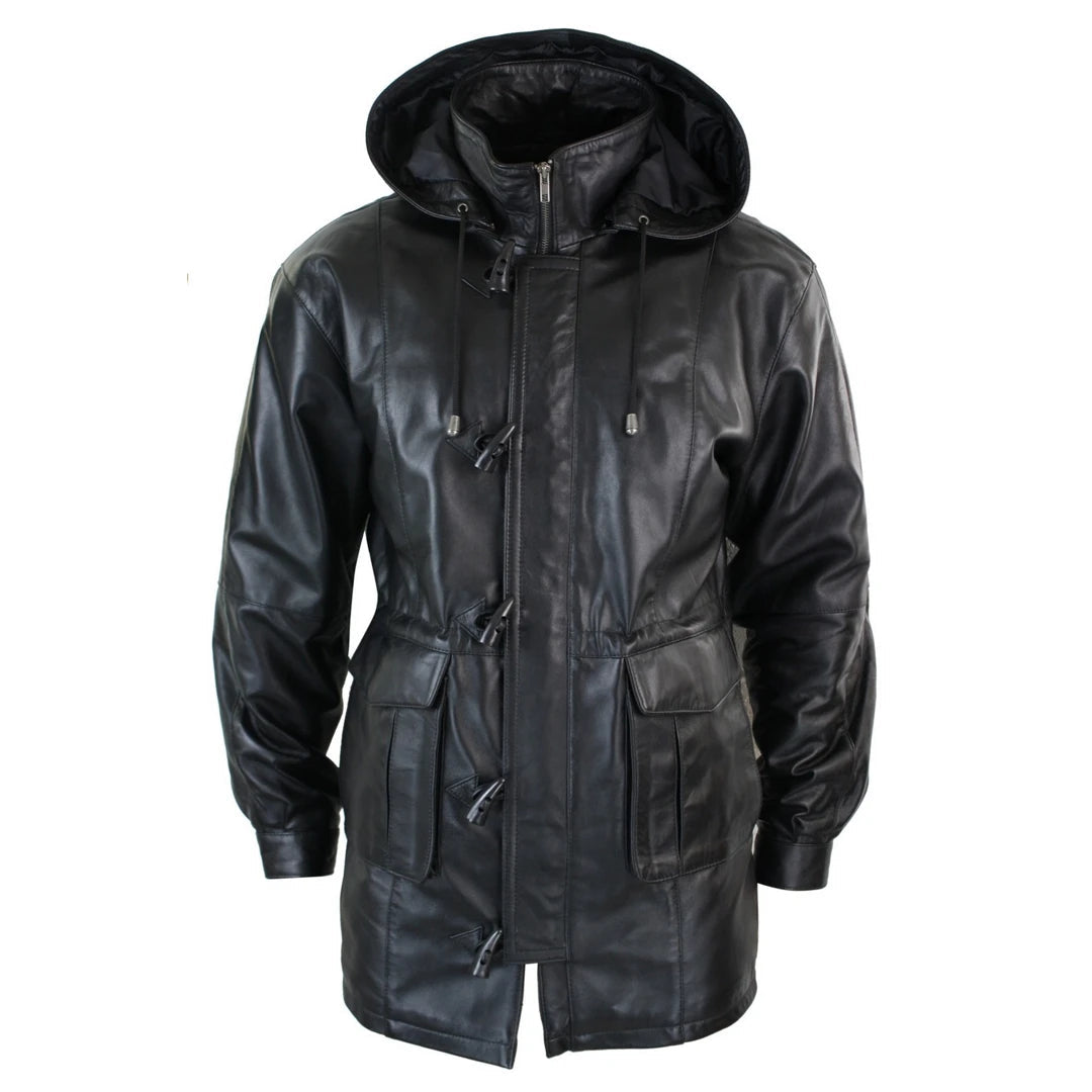 Minimalist Patterns Men's 3/4 Long Leather Duffle Jacket Coat Safari Detachable Hood