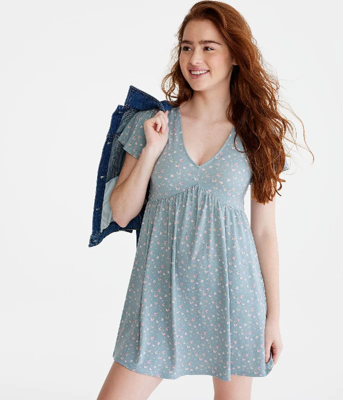 Simplified Streetwear Customized Version Aeropostale Floral V-Neck Babydoll Dress