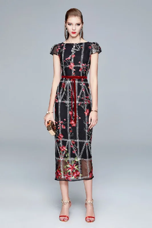 Classic Statement Single-shoulder Neck Design Black & Multicolor floral print Day Fitted Boatneck Short Sleeve Midi Floral Dress