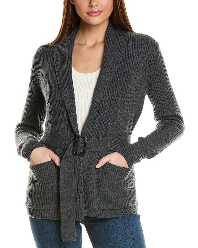 Relaxed Statement Fresh And Natural Bruno Magli Ribbed Belted Shawl Wool Cardigan