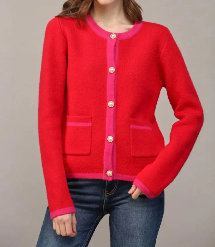 Color Block Cardigan With Pearl Button In Red/hot Pink