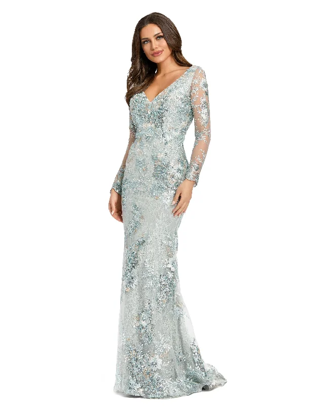 Embellished V Neck Illusion Long Sleeve Gown