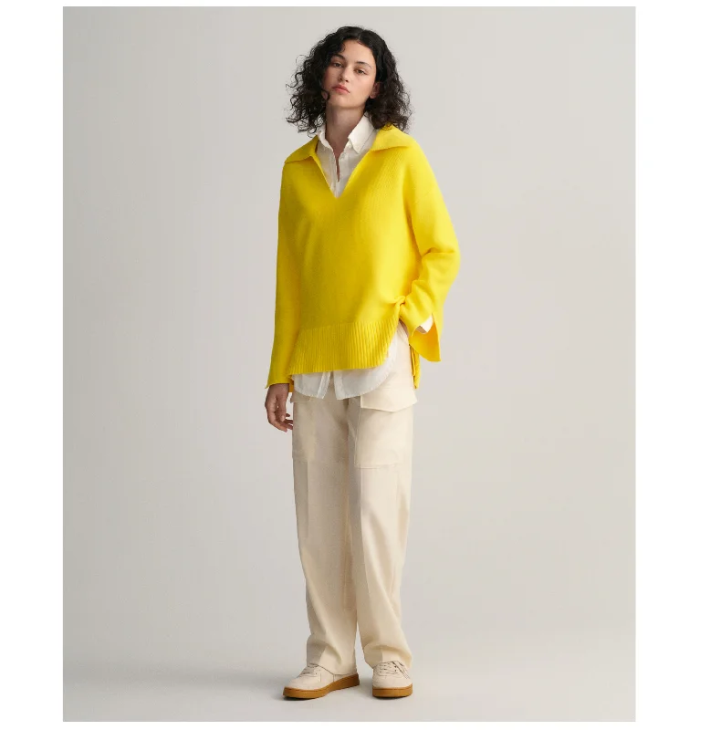 Modern Tailored Single-shoulder Neck Design GANT Open Collar Knit Sweater in Electric Yellow 4143