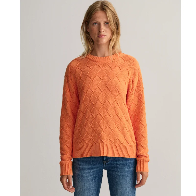 Relaxed Fashion Customized Version GANT Weave Knit Crew Neck Sweater in Apricot Orange 4144