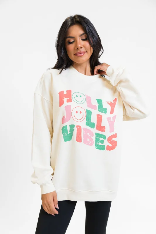 Holly Jolly Vibes Cream Oversized Graphic Sweatshirt