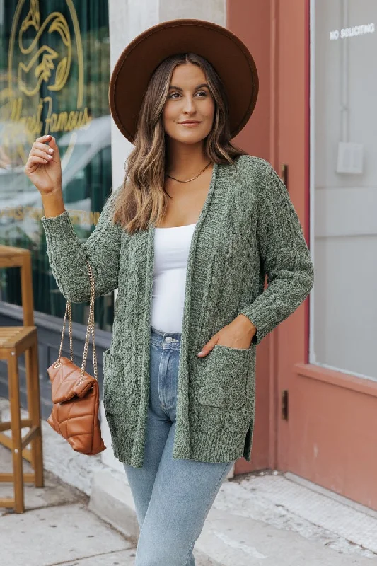 Olive Cable Knit Open Front Cardigan