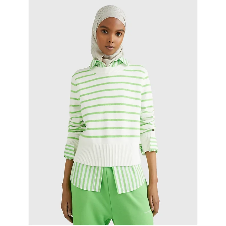 Timeless Sporty Celebrity Style Tommy Hilfiger Jersey C-Neck Breton Stripe Ecru Spring Lime WW0WW38643