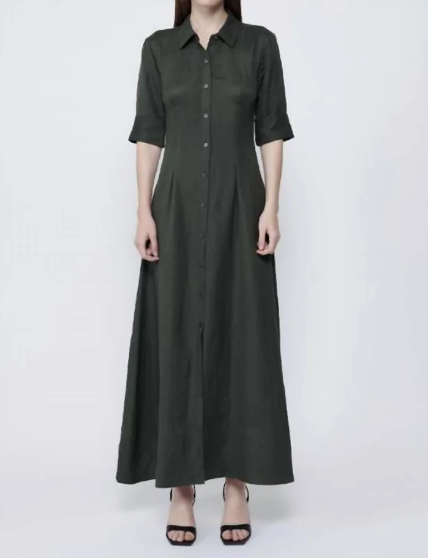 Relaxed Statement Claudine Short Sleeve Shirt Midi Dress In Army