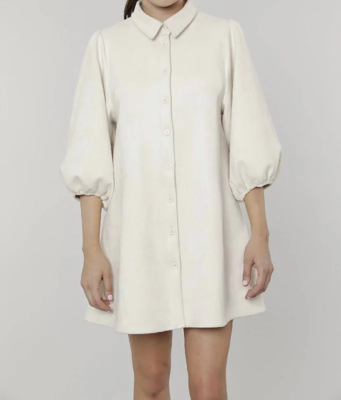 Stylish Patterns Everywhere Leather Dress With Puff Sleeves In Cream Suede