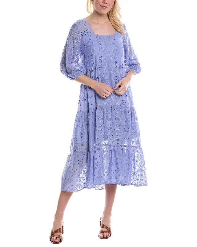 Relaxed Fashion Johnny Was Castillo Eyelet Silk-Blend Midi Dress