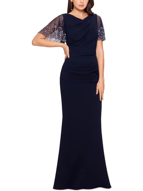 Sleek Layers Petites Womens Knit Embellished Evening Dress