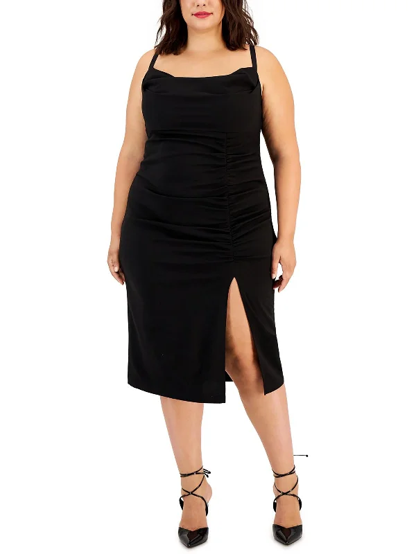 Contemporary Basics Plus Womens Ruched Drapey Midi Dress