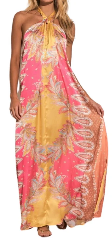 Urban Layering Print Halter Maxi Dress In Pink Bali Print