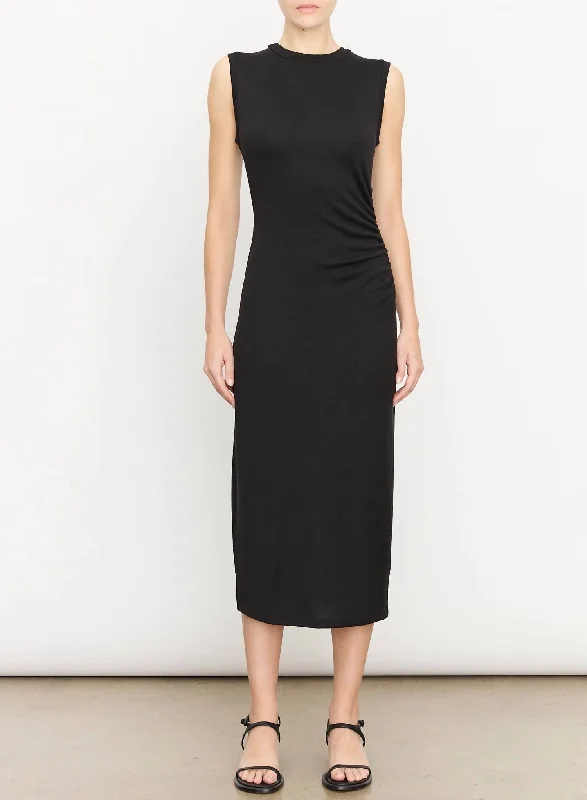 Simplistic Tailoring Sleeveless Waist Gather Dress In Black