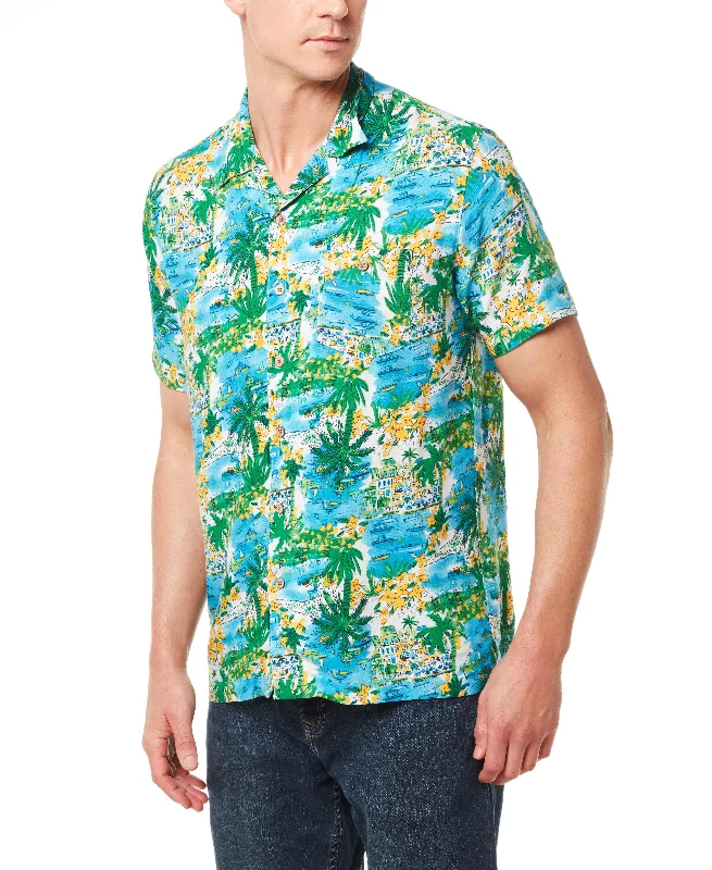 Short Sleeve Rayon Printed Camp Shirt In Blue Tropics