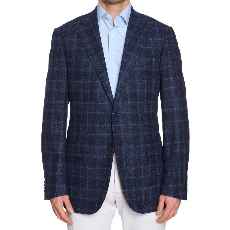 CORNELIANI Navy Blue Windowpane Wool-Cashmere Jacket EU 52 NEW US 42 L Long