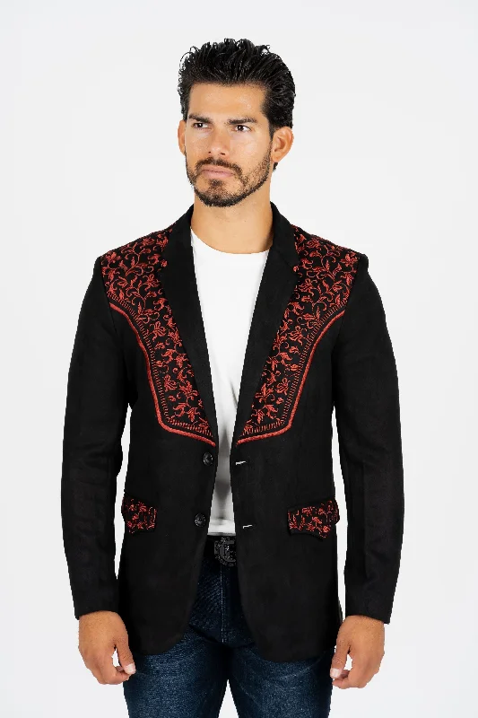 Cozy Aesthetic Practical Clothing Men's Black/Burgundy Embroidered Faux-Suede Blazer