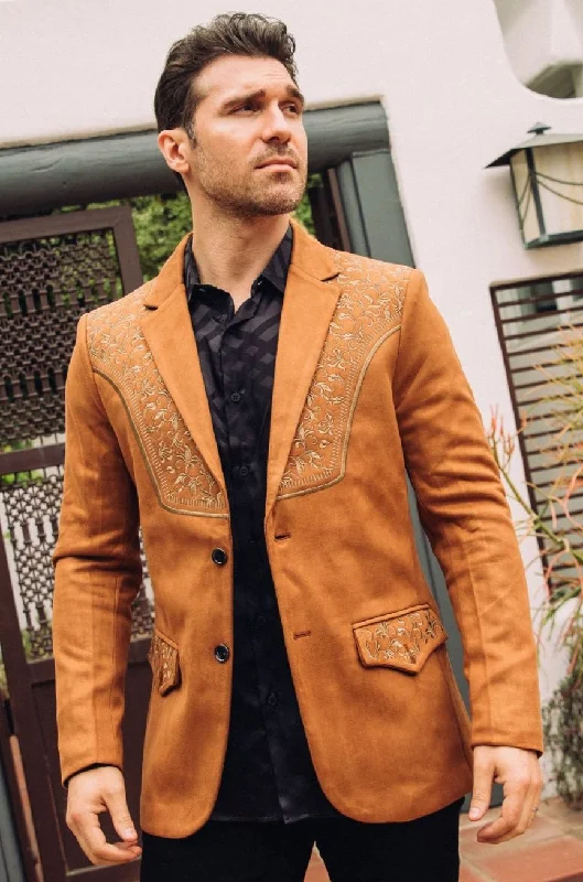 Modern Outerwear Relaxed Wear Men's Camel Embroidered Faux-Suede Blazer