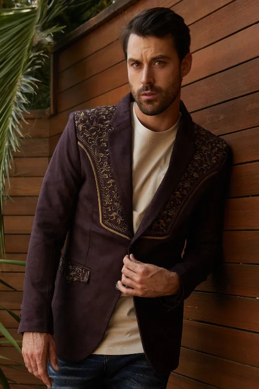 Minimalist Patterns Lounge Wear Men's Dark Brown Embroidered Faux-Suede Blazer