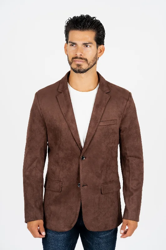 Relaxed Statement Simple Styles Men's Double Button Brown Faux-Suede Blazer