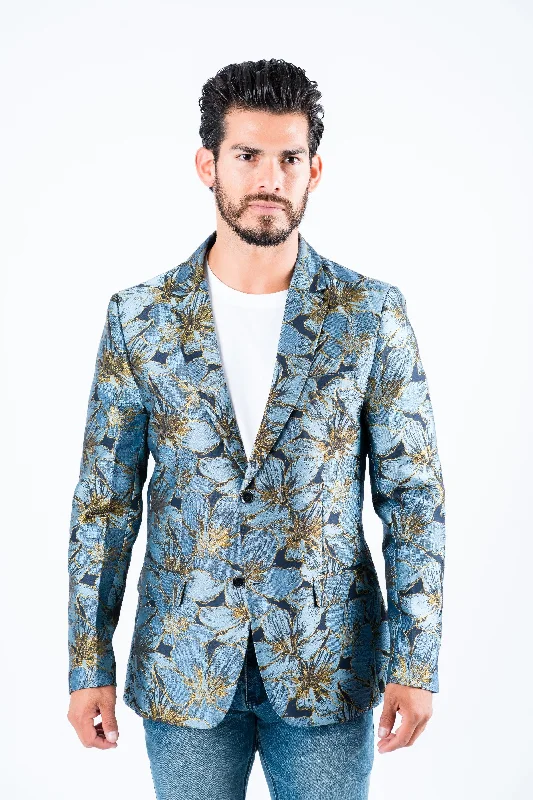 Modern Weekend All-Day Wear Men's Double Button Blue Flowers Print Blazer