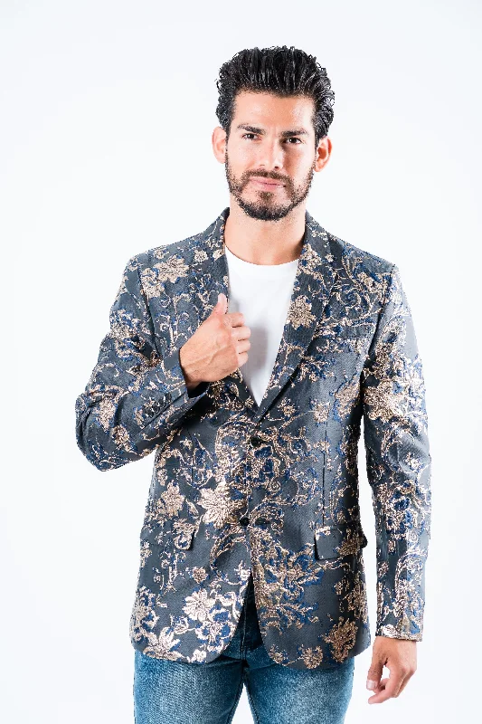 Classic Neutrals Casual Chic Men's Double Button Navy Flowers Print Blazer