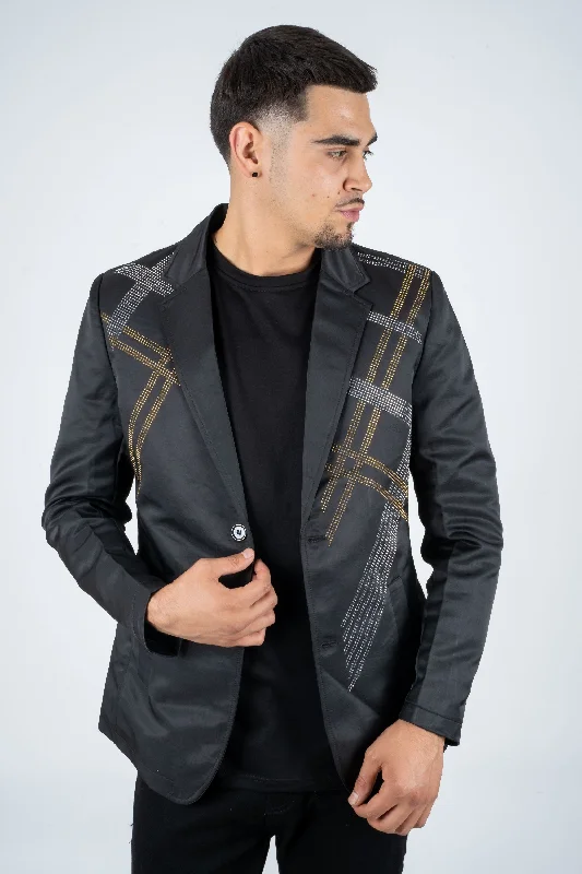 Neutral Streetwear Sporty Look Men's Double Button Rhinestone Black Blazer